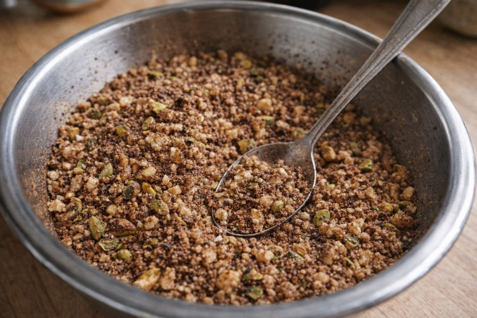 Close-up of coarsely ground walnuts and pistachios mixed with cinnamon, cloves, and nutmeg in a stainless steel bowl, with a spoon resting inside